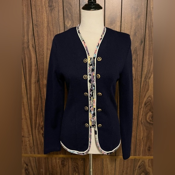 Vintage Matthew & David For B.L. Navy & Gold Button Floral Trim Sweater Sz 8 - Picture 1 of 8